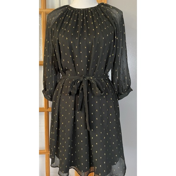 Ann Taylor Outlet Dresses & Skirts - 90s Ann Taylor Belted Dress PS Black Metallic Gold Sheer Goth Modern Party City